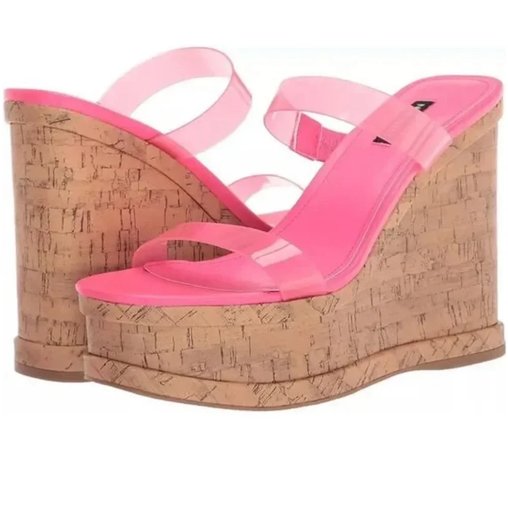 Nine West Rapps Pink Platform Faux Cork Wedge Sandal Size 8.5